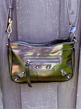 PS Faux Leather Moto-Style Black Crossbody Bag  Shiny Patent Leather 🖤